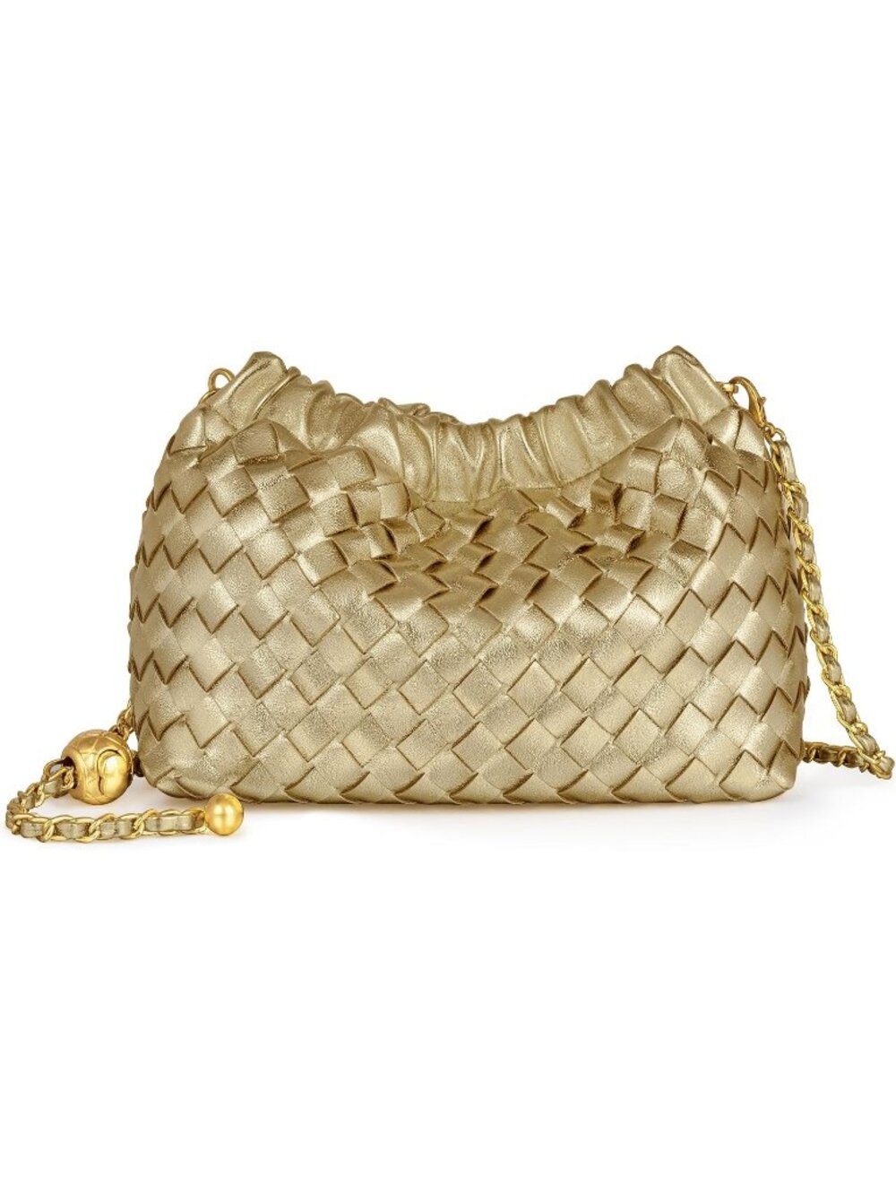 Women's Champagne Gold Woven Dumpling Clutch Purse Trendy Shoulder Crossbody Bag